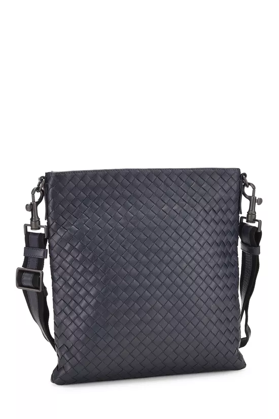 Navy Intrecciato Leather Flat Messenger Bag, , large image number 1