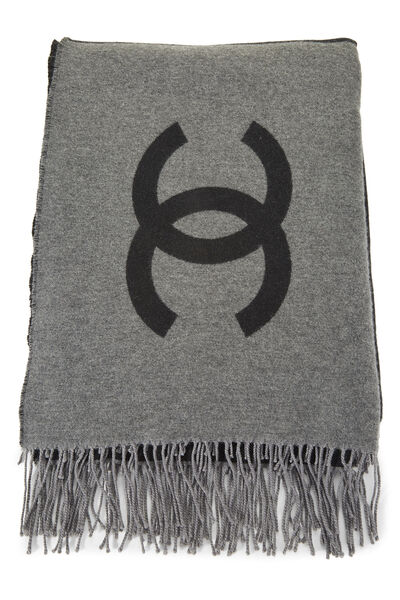 Black & Grey Cashmere 'CC' Fringe Blanket, , large