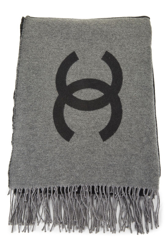 Black & Grey Cashmere 'CC' Fringe Blanket, , large image number 2