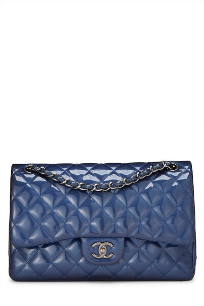 Blue Quilted Patent Leather New Classic Double Flap Jumbo