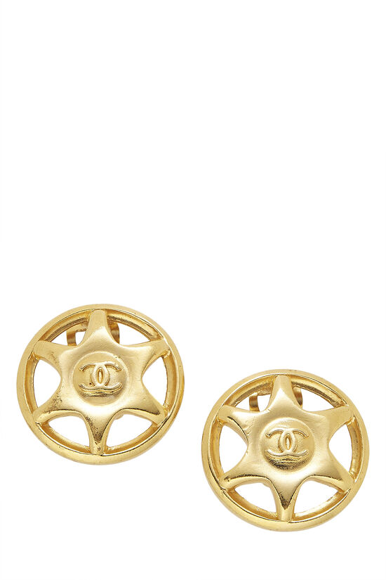 Gold 'CC' Star Badge Earrings, , large image number 0