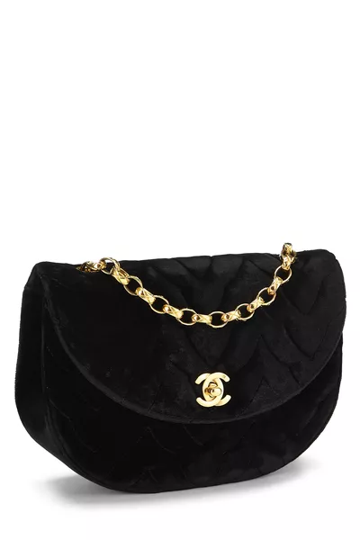 Black Velvet Half Moon Flap Bag, , large