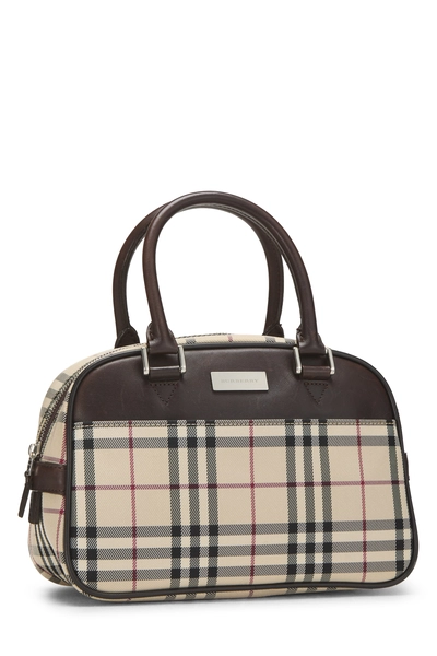 Brown Nylon House Check Bowler Handbag Small, , large