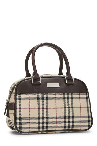 Brown Nylon House Check Bowler Handbag Small, , large