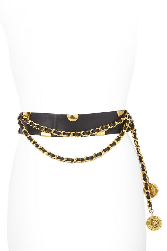 Black Leather & Chain Waist Belt 70, , large image number 4