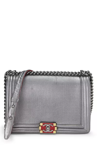 Silver Cube Embossed Calfskin Boy Bag Medium