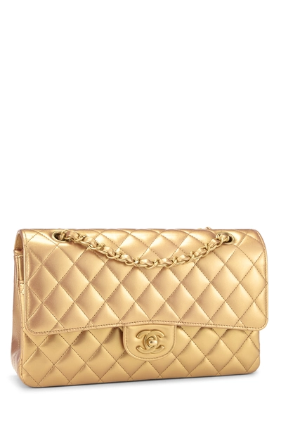 Iridescent Gold Quilted Calfskin Classic Double Flap Medium, , large