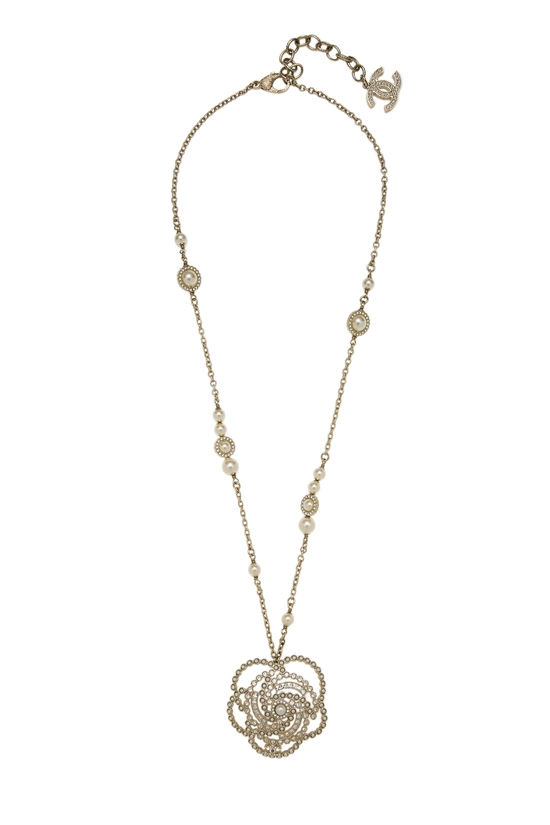 Gold Faux Pearl Crystal Camellia Necklace, , large image number 0