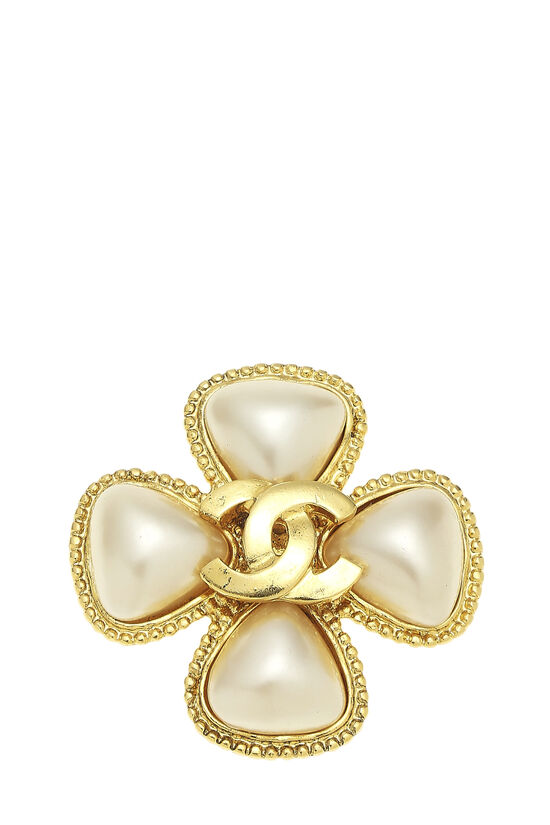 Gold & Faux Pearl 'CC' Cross Pin, , large image number 1