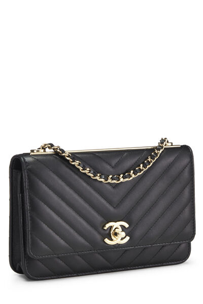 Black Chevron Quilted Lambskin Trendy 'CC' Wallet on Chain (WOC), , large
