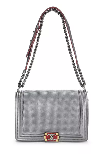 Silver Cube Embossed Calfskin Boy Bag Medium, , large