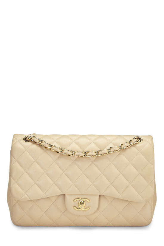 Beige Quilted Lambskin New Classic Double Flap Jumbo