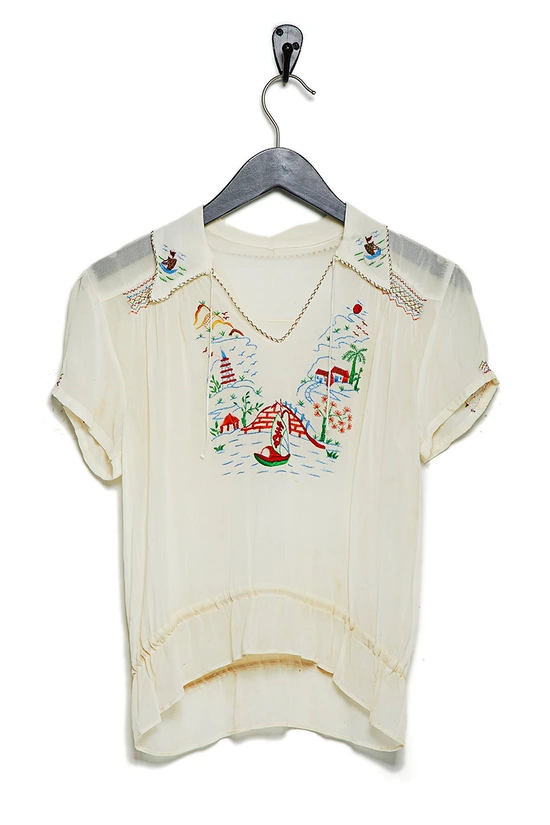 Vintage White Silk Embroidered Riverscape Top, , large image number 0
