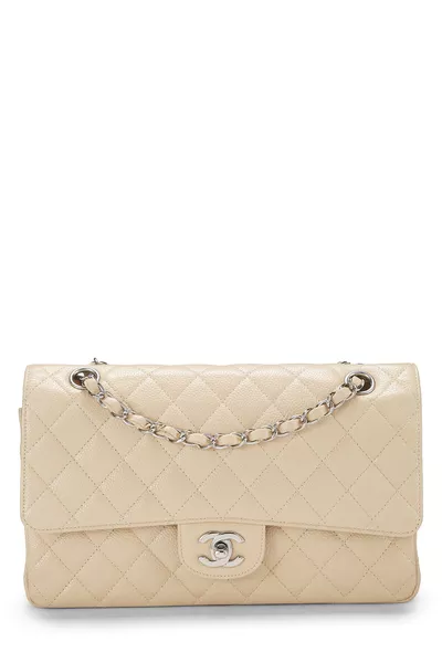 Beige Quilted Caviar Classic Double Flap Medium