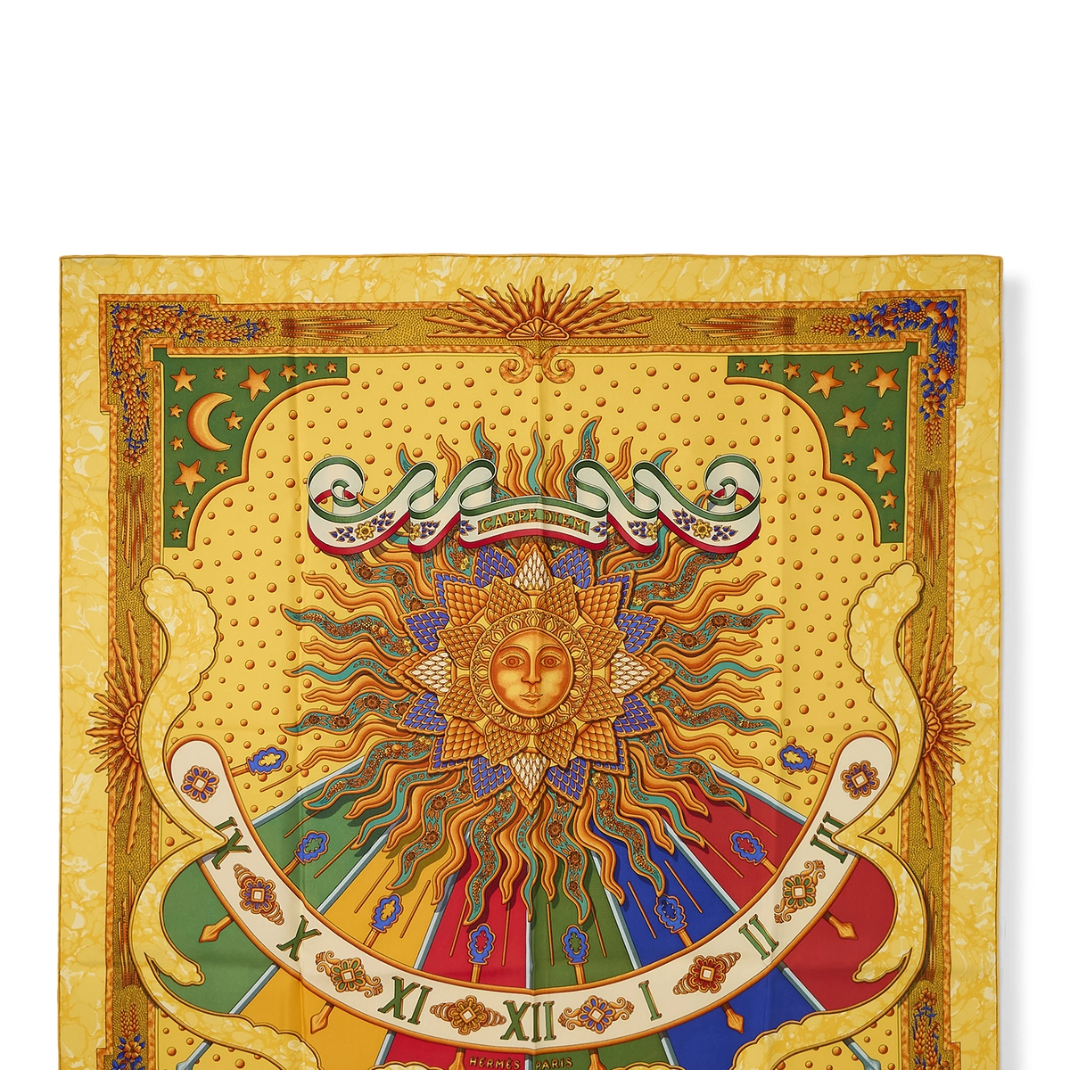 Hermès Yellow & Multicolor 'Carpe Diem' Silk Scarf 90