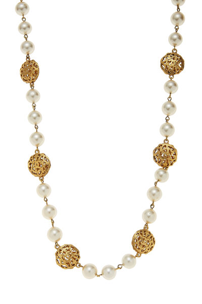 Gold & Faux Pearl Fretwork Long Necklace, , large