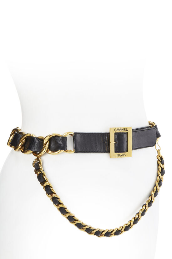 Gold & Black Leather 'CC' Medallion Chain Belt