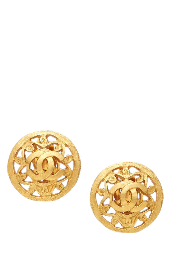 Gold 'CC' Fretwork Round Earrings, , large image number 0