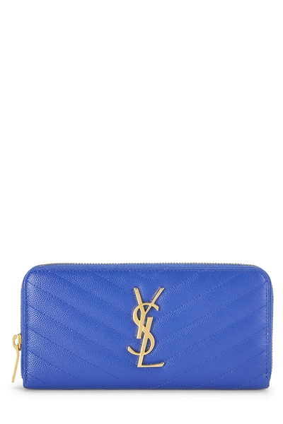 Blue Grainy Leather Zip Around Wallet