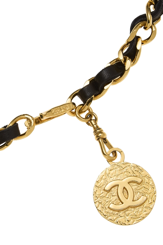 Gold & Black Leather Chain Belt, , large image number 1