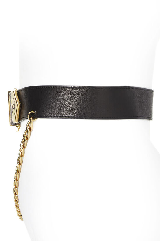 Black Leather & Gold Draped Chain Waist Belt 75, , large image number 3