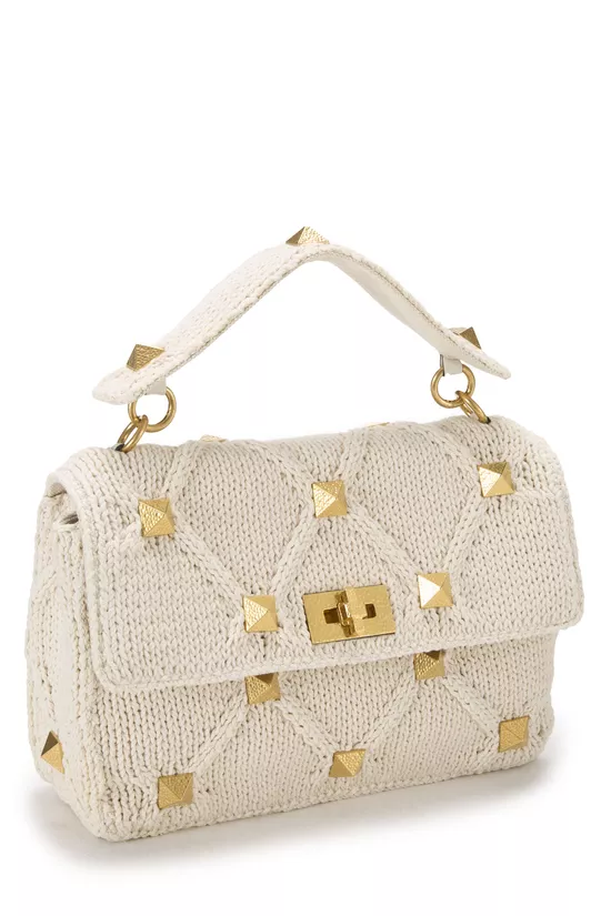Cream Knit Roman Stud Top Handle Bag Medium, , large image number 1