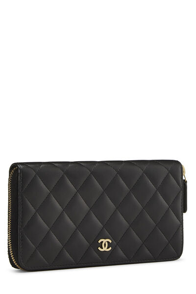 Black Quilted Lambskin Zip Around Wallet, , large
