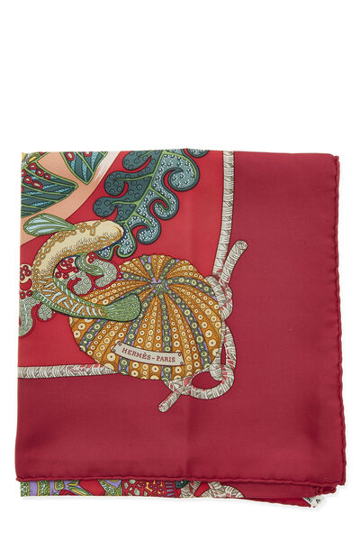 Red & Multicolor 'Grands Fonds' Silk Scarf 90, , large