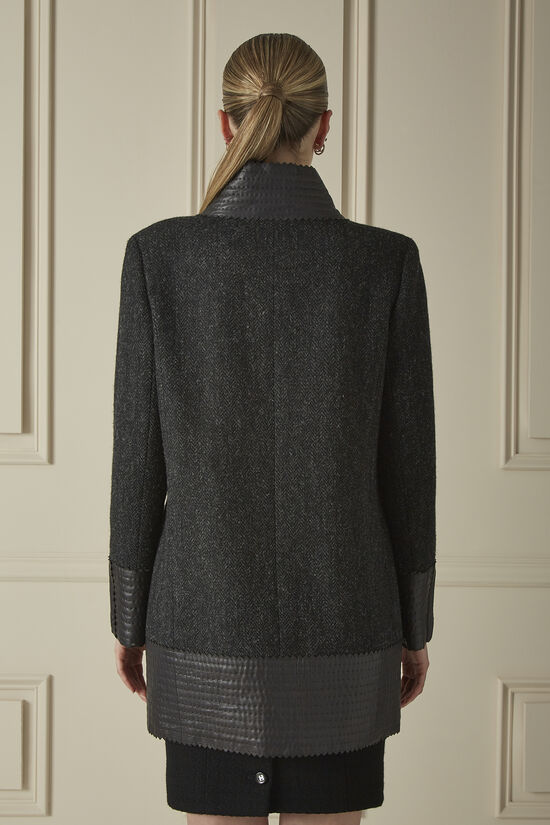 Grey Herringbone Wool Leather Trim Coat, , large image number 1