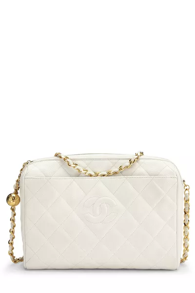 White Quilted Caviar Pocket Camera Bag Medium