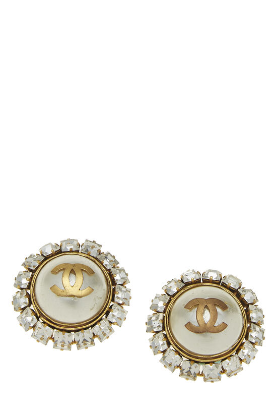 Gold & Crystal 'CC' Faux Pearl Earrings, , large image number 1