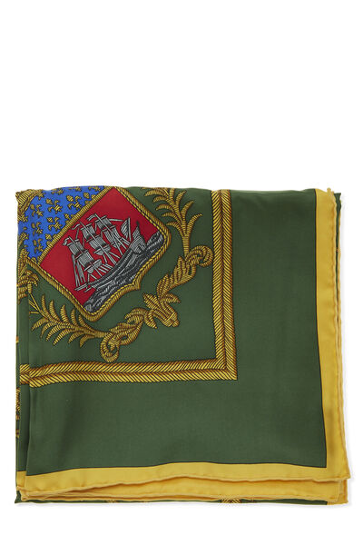 Green & Multicolor 'Les Armes de Paris' Silk Scarf 90, , large