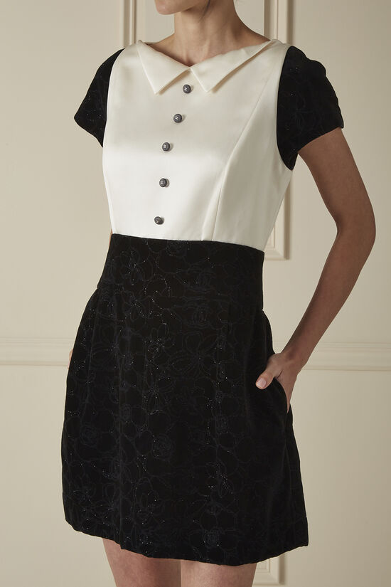 Black & White Glittery Velvet Satin Collared Dress, , large image number 2