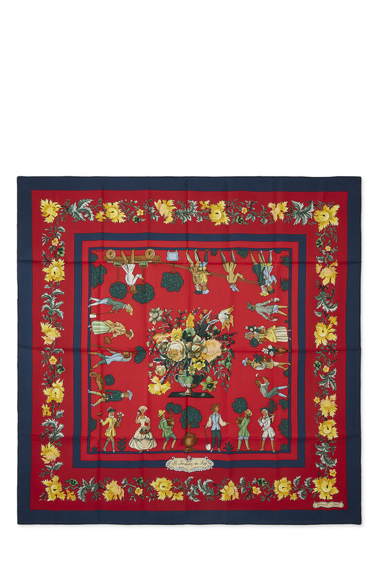 Red & Multicolor 'Les Jardiniers du Roy' Silk Scarf 90, , large image number 0