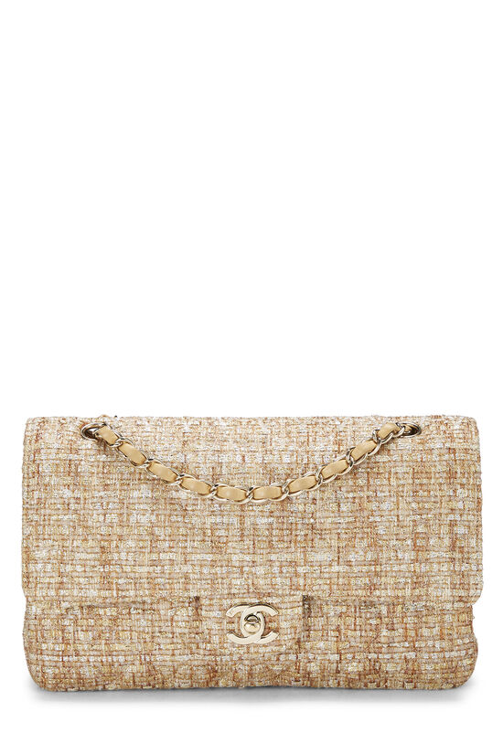 CHANEL Tweed Quilted Medium Double Flap Beige White Black 1186431