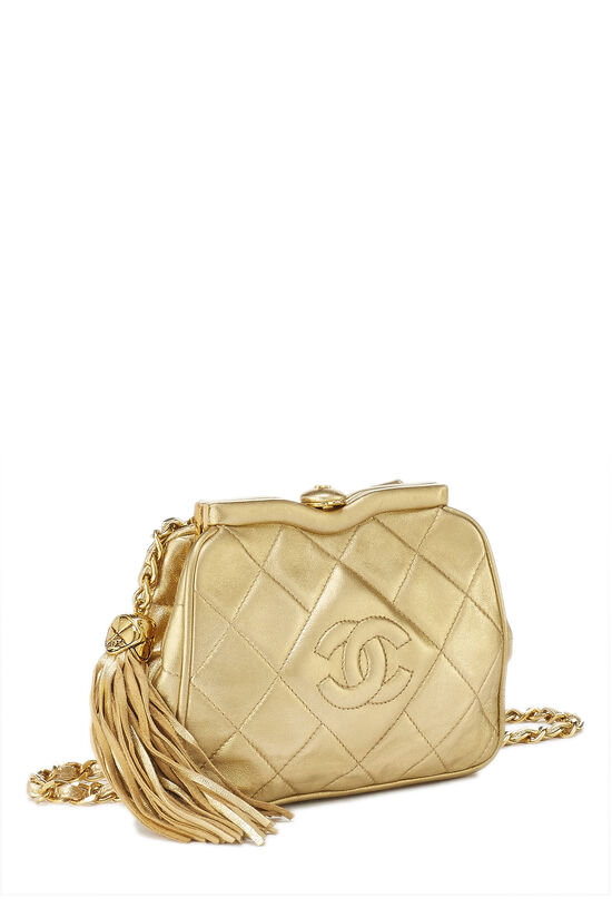 Chanel Metallic Gold Quilted Lambskin Kiss Lock Whipstitch Mini