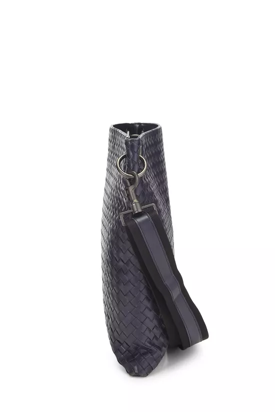 Navy Intrecciato Leather Flat Messenger Bag, , large image number 2