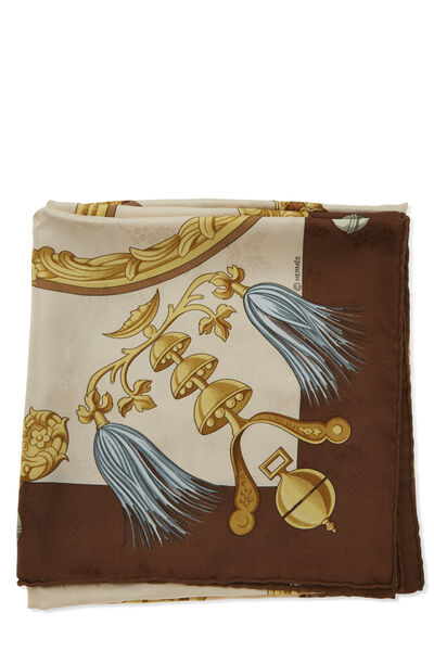 Brown & Multicolor 'Plumes et Grelots' Silk Scarf 90, , large