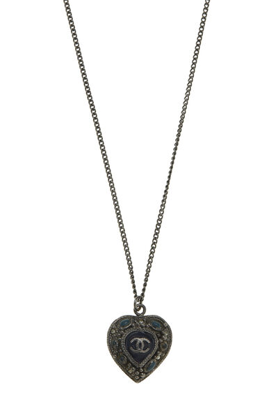 Blue Enamel & Gunmetal 'CC' Heart Necklace, , large