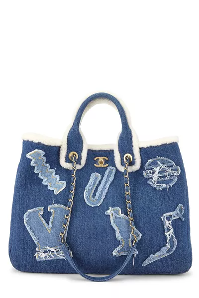 Paris-Egypt Blue Denim Shearling Hieroglyph Shopping Tote