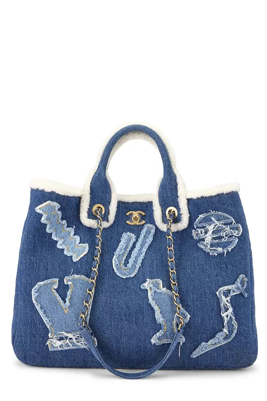 Paris-Egypt Blue Denim Shearling Hieroglyph Shopping Tote, , large image number 0