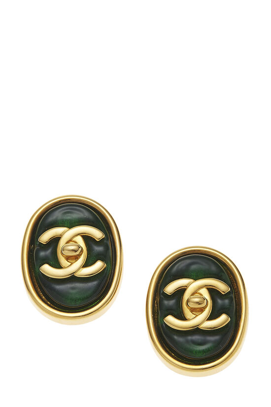 Gold & Green Gripoix 'CC' Earrings, , large image number 1