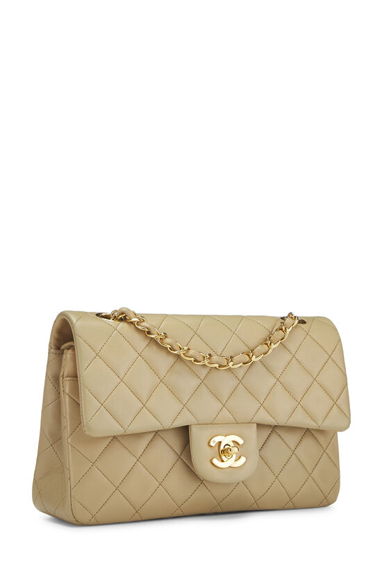 Chanel Small Classic Double Flap Beige Quilted Lambskin Light Gold Hardware