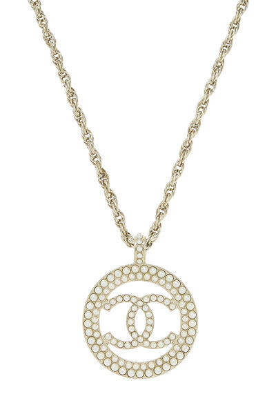 Gold & Faux Pearl 'CC' Necklace, , large
