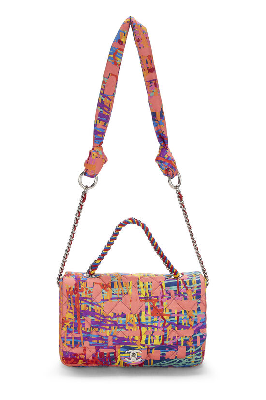 Multicolor Printed Quilted Satin Flap Bag Large