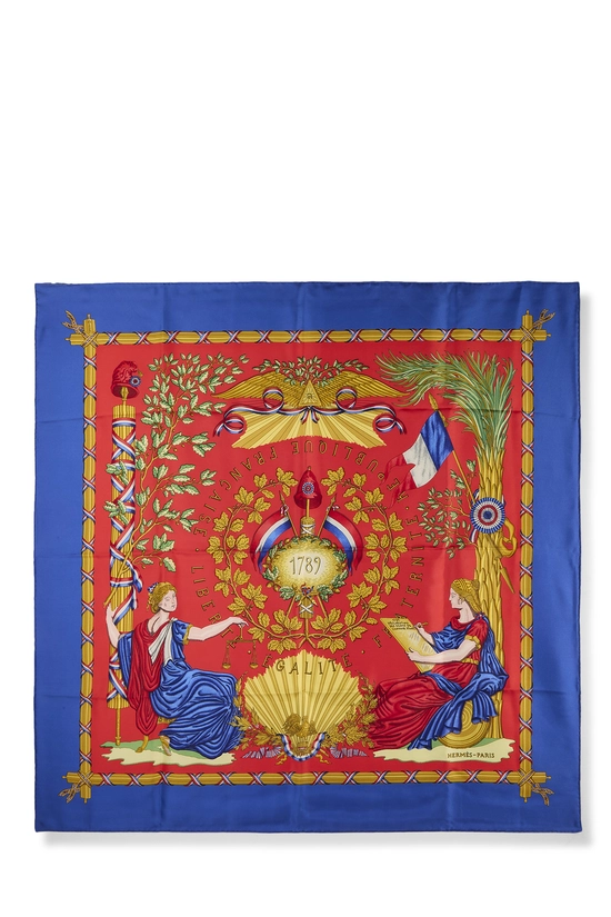 Blue & Multicolor 'Republique Francaise Liberte' Silk Scarf 90, , large image number 0