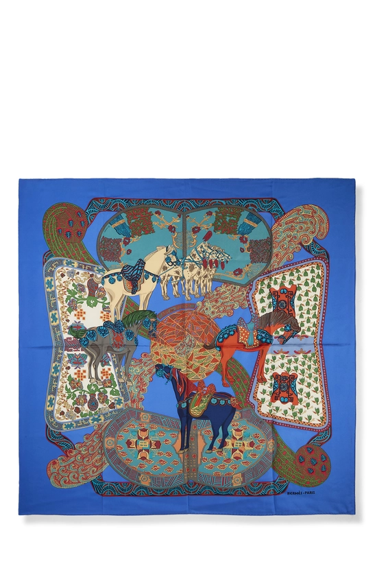 Blue & Multicolor 'Art des Steppes' Silk Scarf 90, , large image number 0