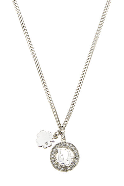 Silver & Crystal Circle Logo Clover Necklace, , large