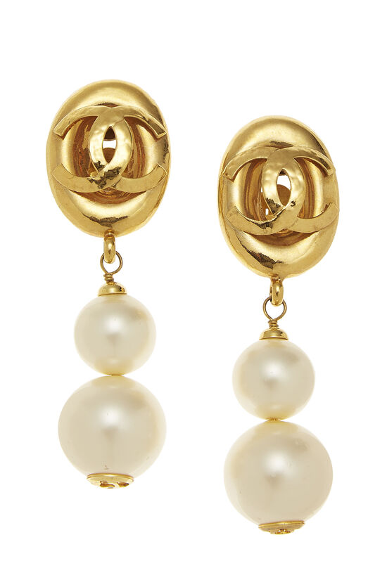 Gold & Faux Pearl 'CC' Dangle Earrings, , large image number 1