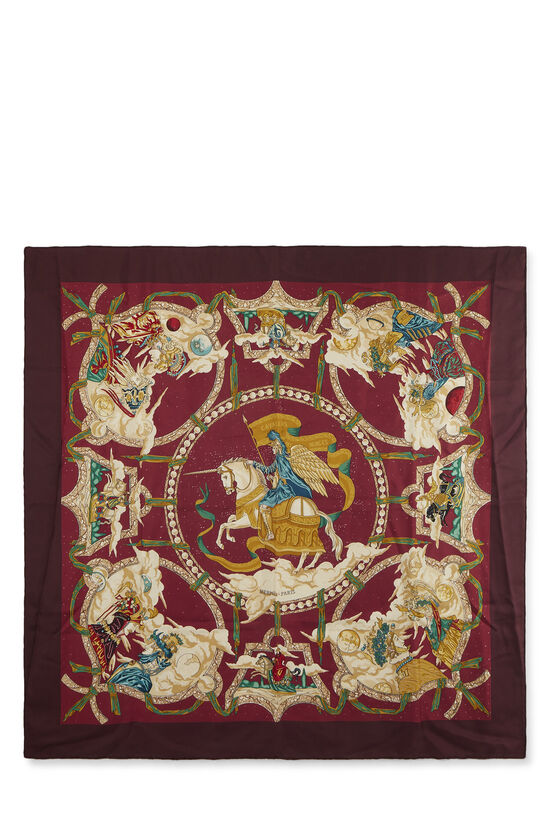 Burgundy & Multicolor 'Cavaliers Des Nuages' Silk Scarf 90, , large image number 0